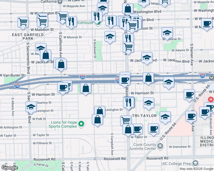 map of restaurants, bars, coffee shops, grocery stores, and more near 2521 West Van Buren Street in Chicago