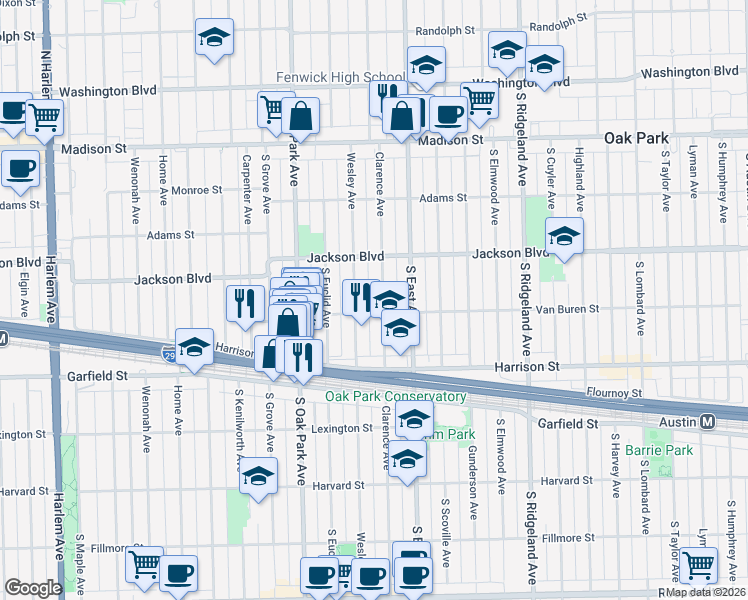 map of restaurants, bars, coffee shops, grocery stores, and more near 737 Clarence Avenue in Oak Park