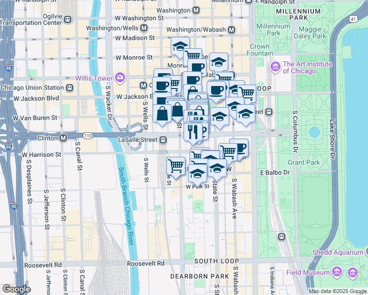 map of restaurants, bars, coffee shops, grocery stores, and more near 519 South Federal Street in Chicago