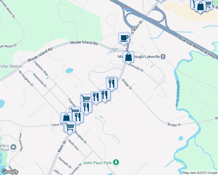 map of restaurants, bars, coffee shops, grocery stores, and more near 35-39 Main Street in Lakeville