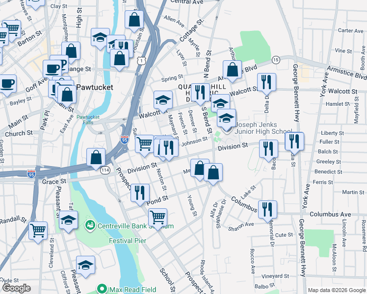 map of restaurants, bars, coffee shops, grocery stores, and more near 90 French Street in Pawtucket