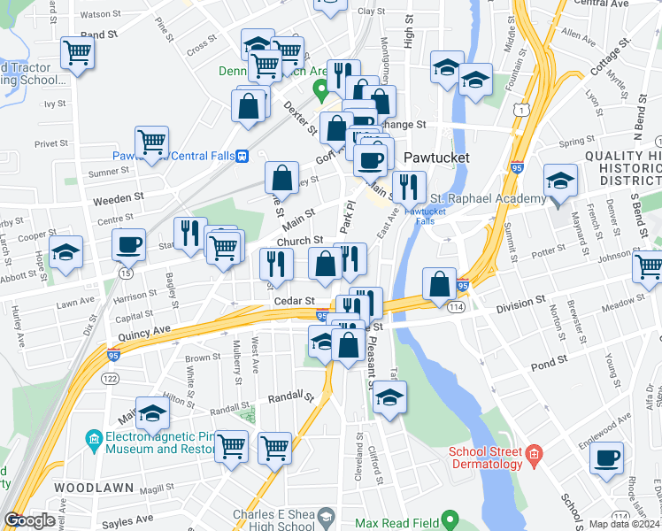 map of restaurants, bars, coffee shops, grocery stores, and more near 14 Church Street in Pawtucket