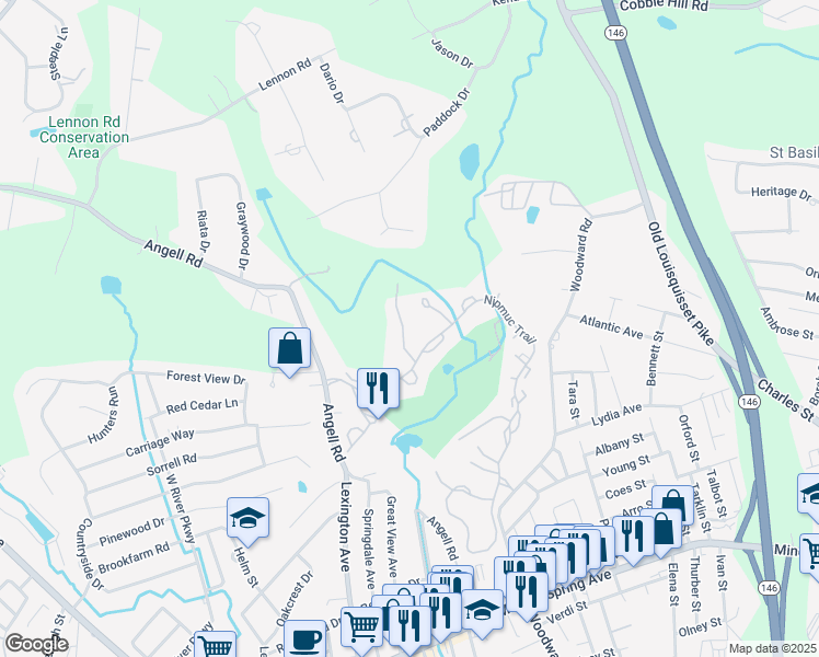 map of restaurants, bars, coffee shops, grocery stores, and more near 40B Stone Trail in North Providence