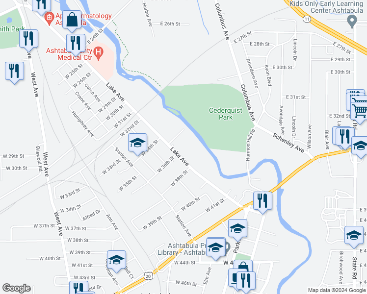 map of restaurants, bars, coffee shops, grocery stores, and more near 352 West 35th Street in Ashtabula