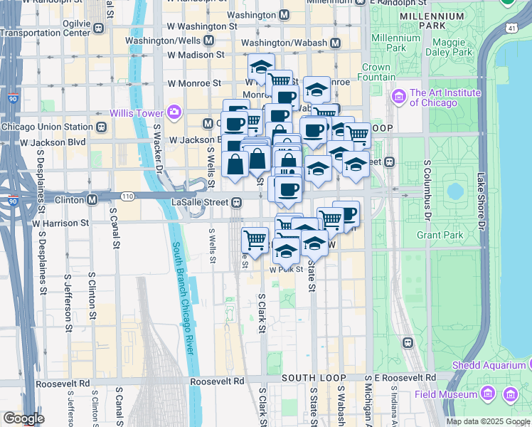 map of restaurants, bars, coffee shops, grocery stores, and more near 519 South Federal Street in Chicago