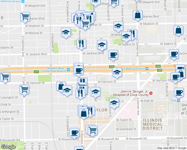 map of restaurants, bars, coffee shops, grocery stores, and more near 476 South Oakley Boulevard in Chicago