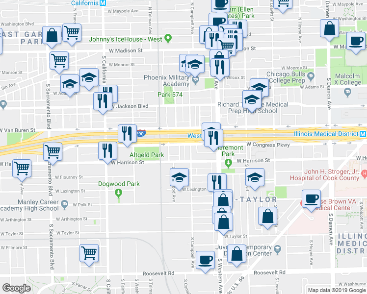 map of restaurants, bars, coffee shops, grocery stores, and more near 2521 West Van Buren Street in Chicago