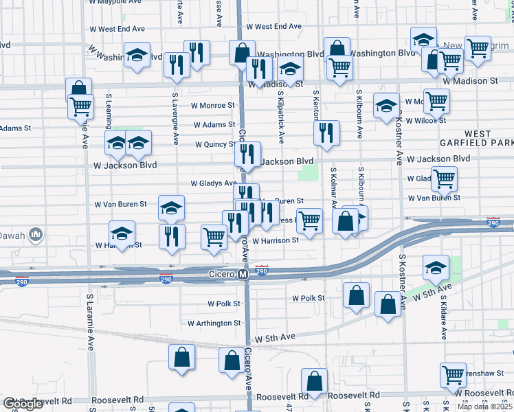 map of restaurants, bars, coffee shops, grocery stores, and more near 4733 West Gladys Avenue in Chicago