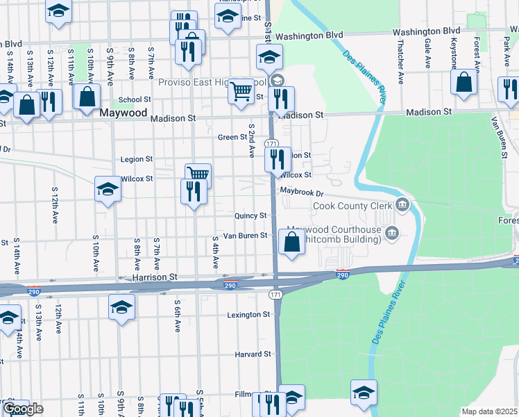 map of restaurants, bars, coffee shops, grocery stores, and more near 1308 South 1st Avenue in Maywood