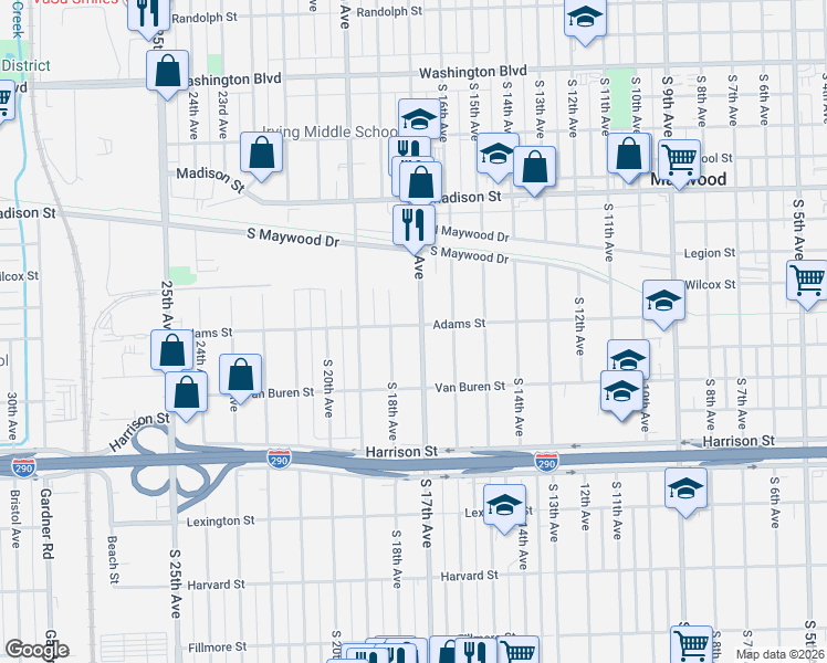 map of restaurants, bars, coffee shops, grocery stores, and more near 1237 South 17th Avenue in Maywood