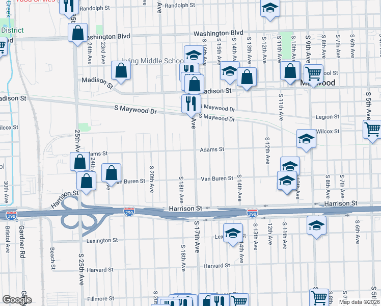 map of restaurants, bars, coffee shops, grocery stores, and more near 1237 South 17th Avenue in Maywood