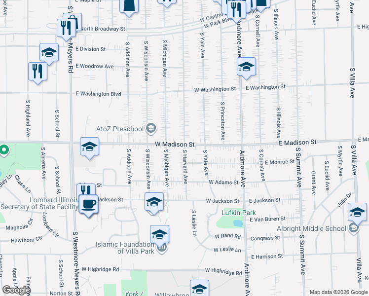 map of restaurants, bars, coffee shops, grocery stores, and more near 734 South Harvard Avenue in Villa Park