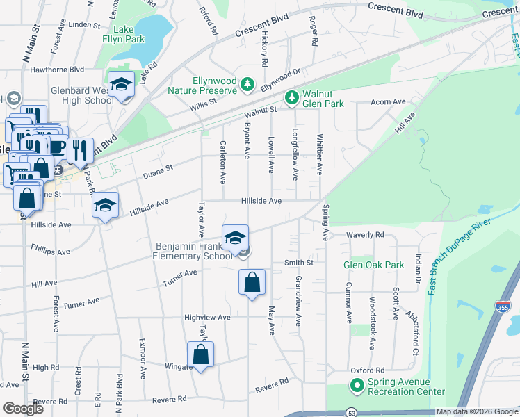 map of restaurants, bars, coffee shops, grocery stores, and more near 436 Lowell Avenue in Glen Ellyn