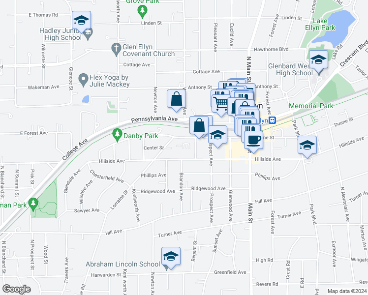 map of restaurants, bars, coffee shops, grocery stores, and more near 395 Duane Street in Glen Ellyn