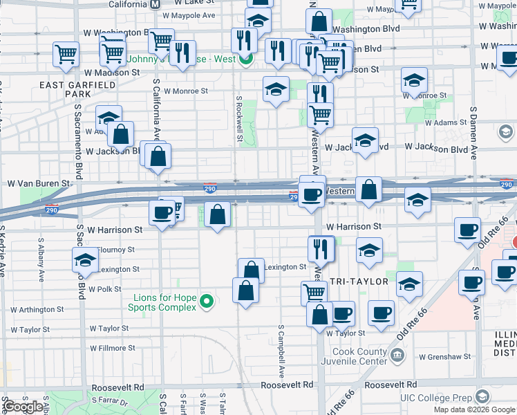 map of restaurants, bars, coffee shops, grocery stores, and more near 2521 West Van Buren Street in Chicago