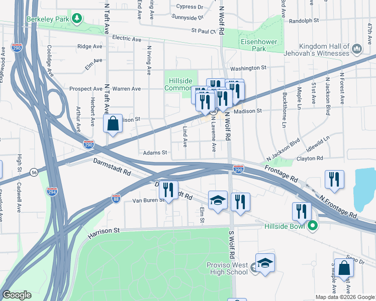 map of restaurants, bars, coffee shops, grocery stores, and more near 301 Lind Avenue in Hillside