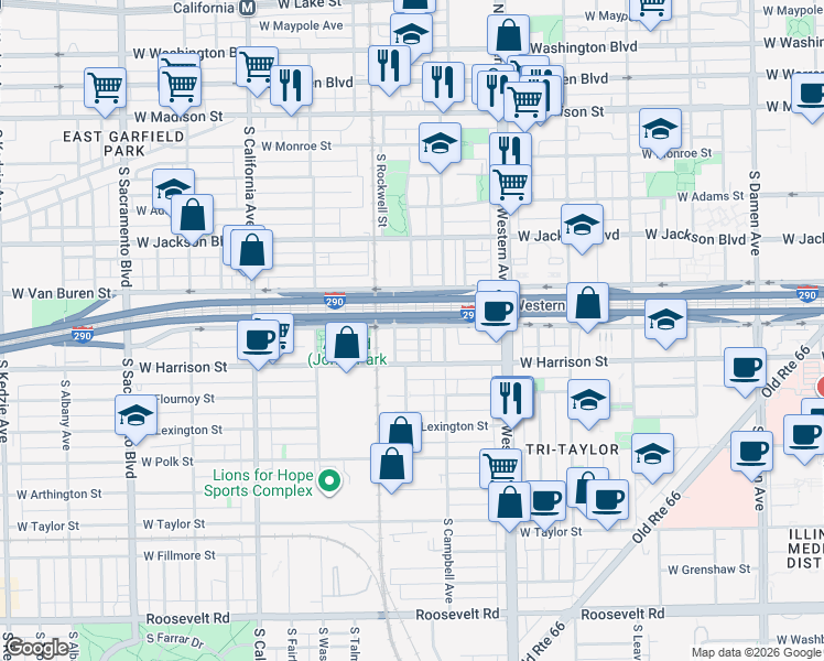 map of restaurants, bars, coffee shops, grocery stores, and more near 2521 West Van Buren Street in Chicago