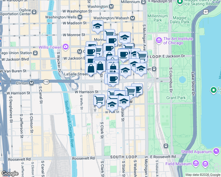 map of restaurants, bars, coffee shops, grocery stores, and more near 542 South Dearborn Street in Chicago