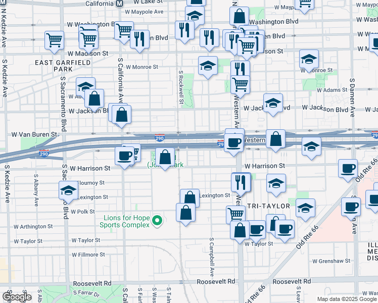 map of restaurants, bars, coffee shops, grocery stores, and more near 2545 West Congress Parkway in Chicago