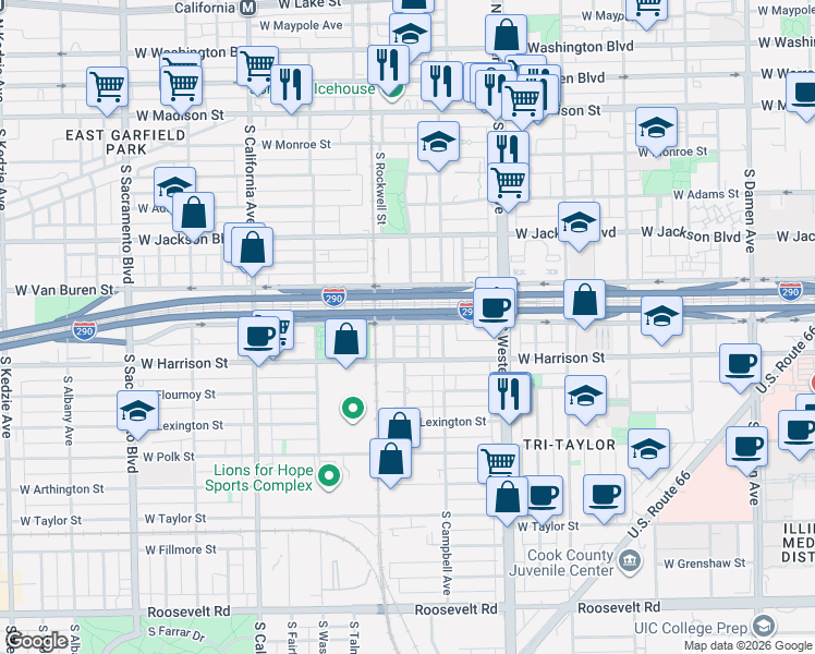map of restaurants, bars, coffee shops, grocery stores, and more near 2521 West Van Buren Street in Chicago