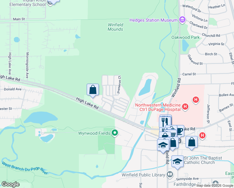 map of restaurants, bars, coffee shops, grocery stores, and more near N068 Forsythe Court in Winfield