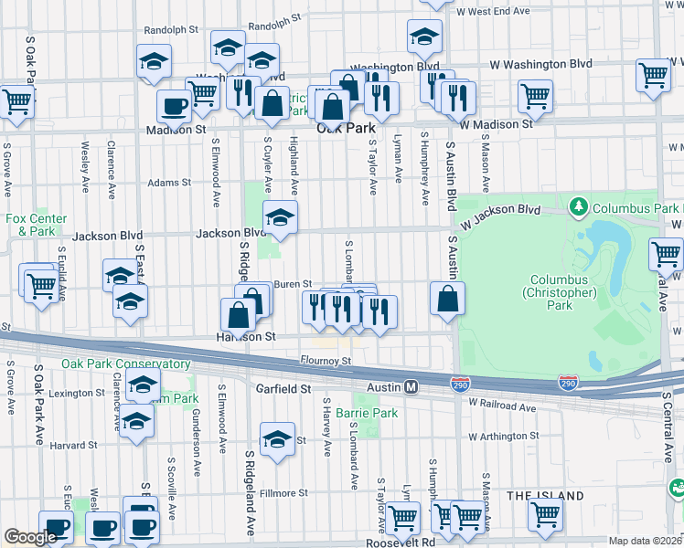 map of restaurants, bars, coffee shops, grocery stores, and more near 743 South Lombard Avenue in Oak Park