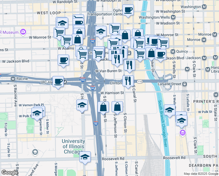 map of restaurants, bars, coffee shops, grocery stores, and more near 630 West Harrison Street in Chicago
