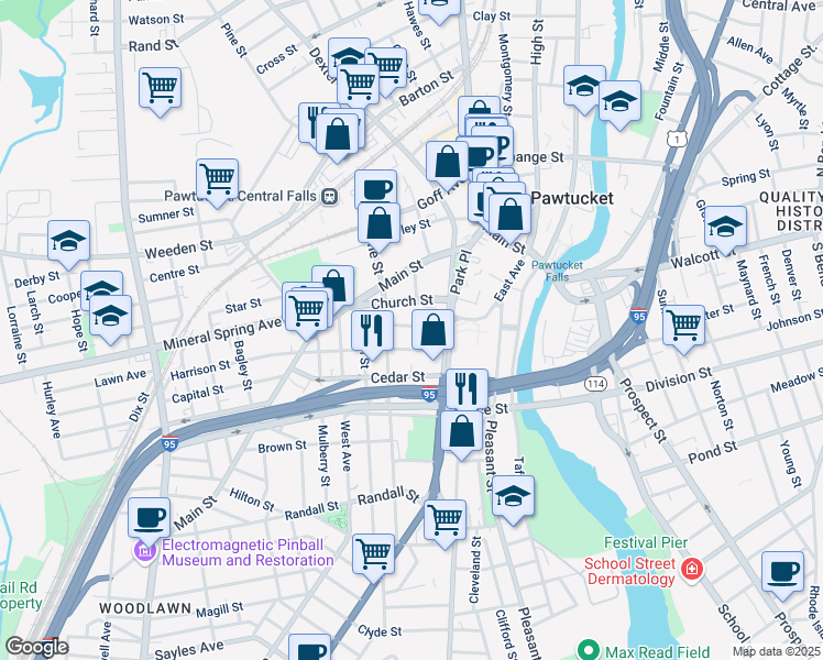 map of restaurants, bars, coffee shops, grocery stores, and more near 74 South Union Street in Pawtucket