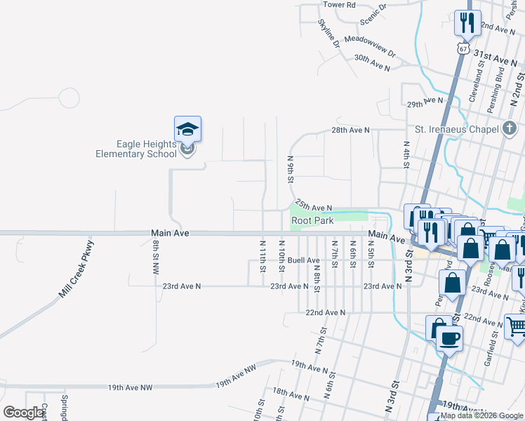 map of restaurants, bars, coffee shops, grocery stores, and more near 2501 North 11th Street in Clinton