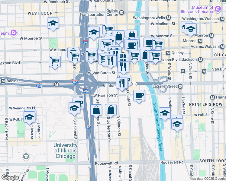 map of restaurants, bars, coffee shops, grocery stores, and more near 500 South Clinton Street in Chicago
