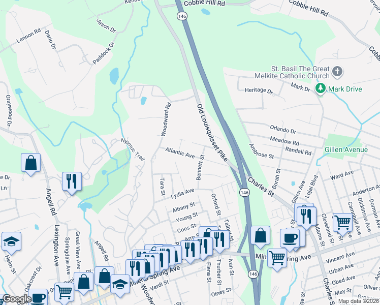 map of restaurants, bars, coffee shops, grocery stores, and more near 25 Miner Street in North Providence