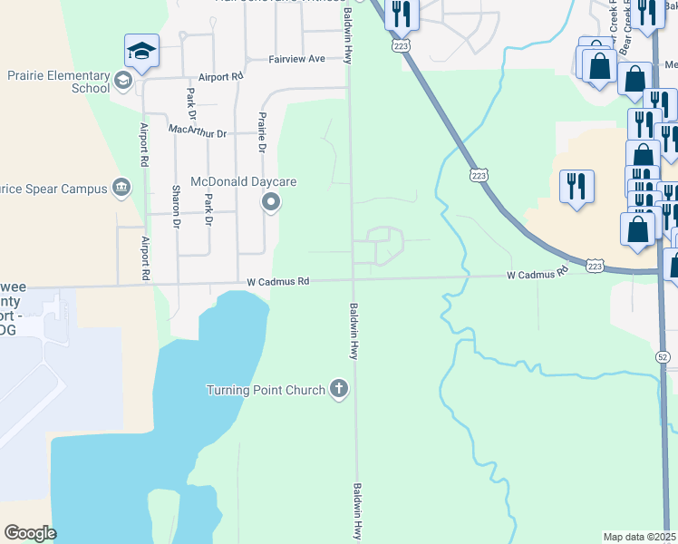 map of restaurants, bars, coffee shops, grocery stores, and more near 1800 West Cadmus Road in Adrian