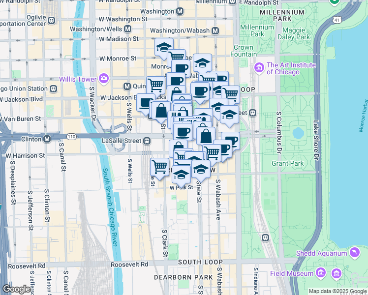map of restaurants, bars, coffee shops, grocery stores, and more near 514 South State Street in Chicago