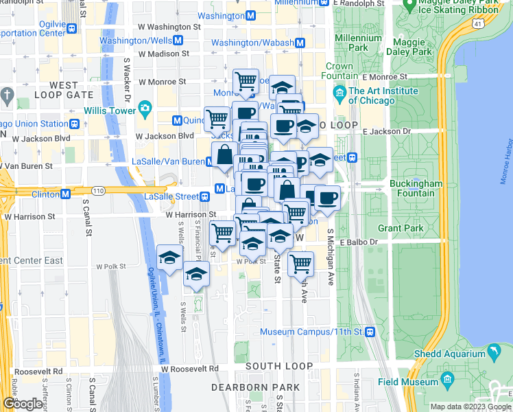 map of restaurants, bars, coffee shops, grocery stores, and more near 511 South Plymouth Court in Chicago
