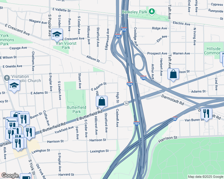 map of restaurants, bars, coffee shops, grocery stores, and more near 520 East Adams Street in Elmhurst