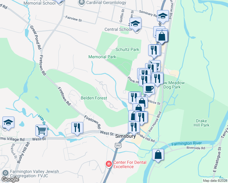 map of restaurants, bars, coffee shops, grocery stores, and more near 44 Library Lane in Simsbury