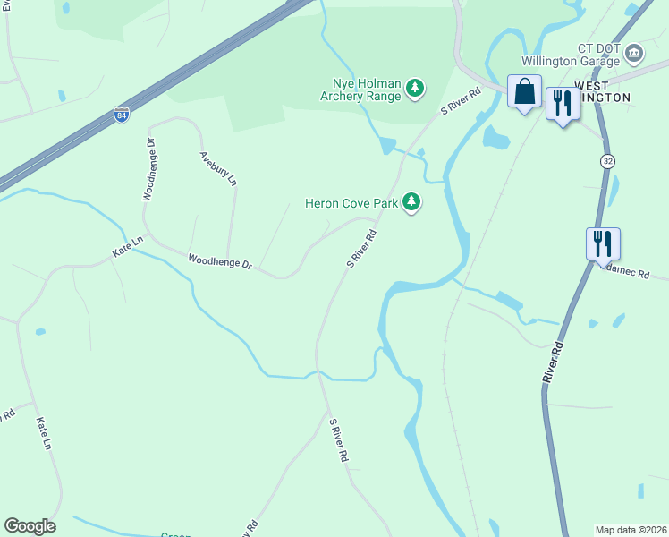 map of restaurants, bars, coffee shops, grocery stores, and more near 128 South River Road in Tolland