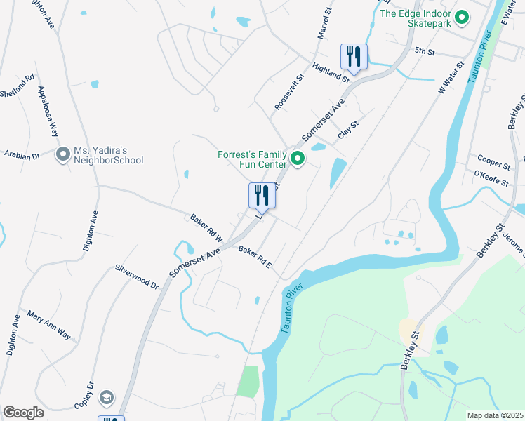 map of restaurants, bars, coffee shops, grocery stores, and more near 79 Lawton Street in Taunton