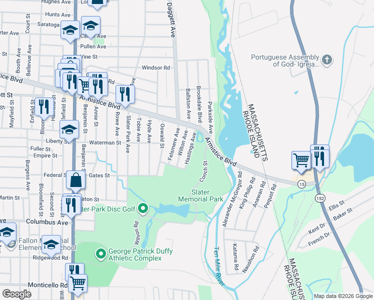 map of restaurants, bars, coffee shops, grocery stores, and more near 21 Hastings Avenue in Pawtucket