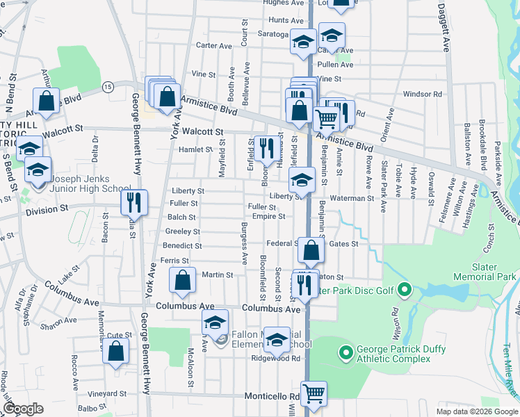 map of restaurants, bars, coffee shops, grocery stores, and more near 157 Liberty Street in Pawtucket