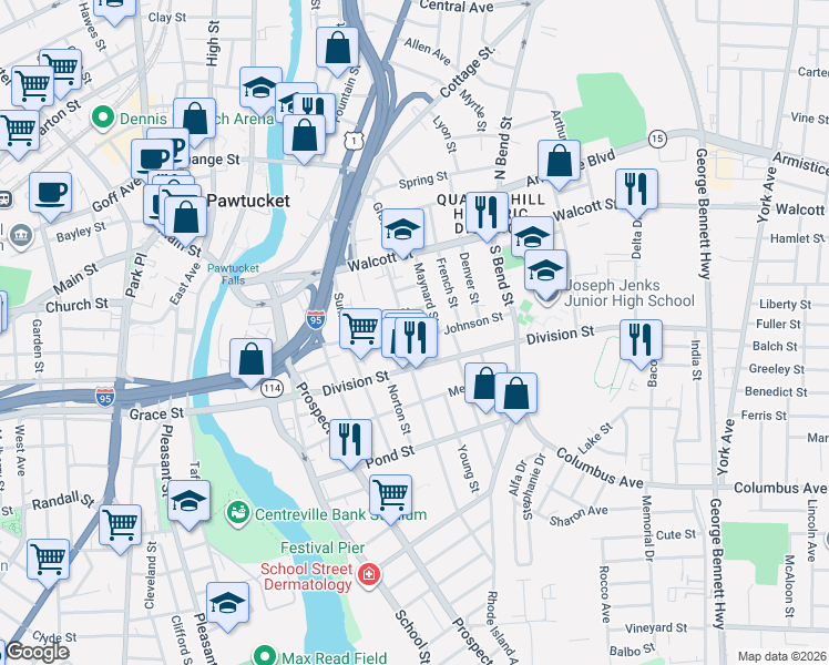 map of restaurants, bars, coffee shops, grocery stores, and more near 63 Potter Street in Pawtucket