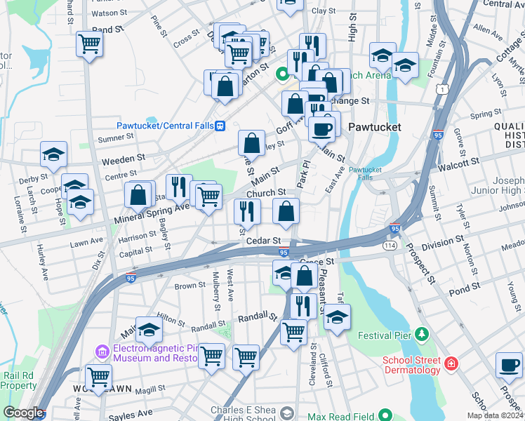 map of restaurants, bars, coffee shops, grocery stores, and more near 201 Pine Street in Pawtucket
