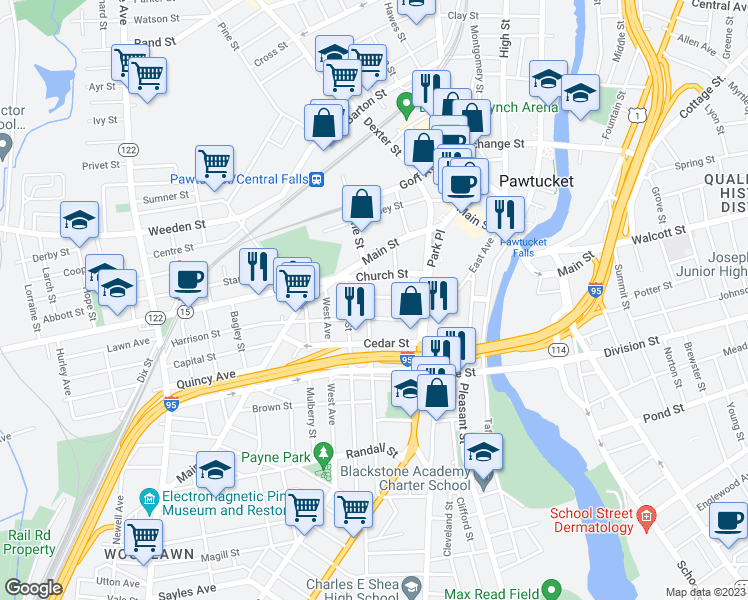 map of restaurants, bars, coffee shops, grocery stores, and more near 94 South Union Street in Pawtucket