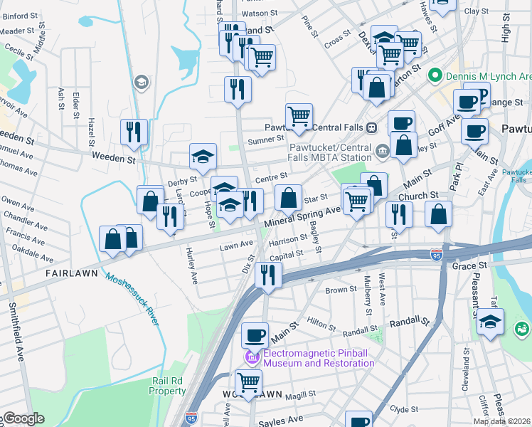 map of restaurants, bars, coffee shops, grocery stores, and more near 40 Thornley Street in Pawtucket
