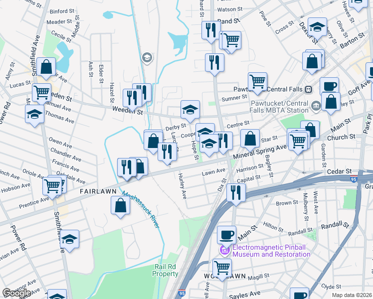 map of restaurants, bars, coffee shops, grocery stores, and more near 54 Cooper Street in Pawtucket