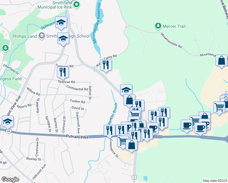 map of restaurants, bars, coffee shops, grocery stores, and more near 33 Cedar Swamp Road in Smithfield