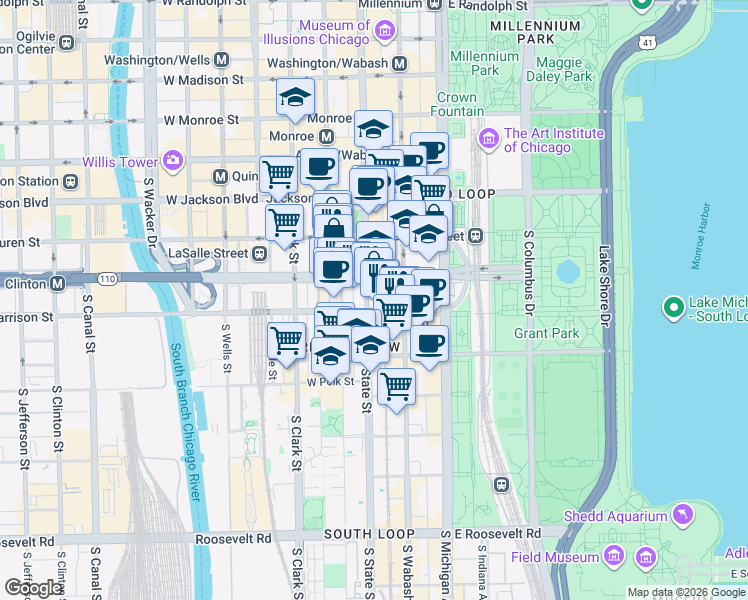 map of restaurants, bars, coffee shops, grocery stores, and more near 11 East Ida B. Wells Drive in Chicago