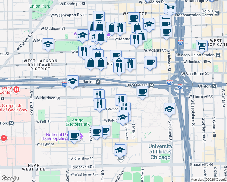 map of restaurants, bars, coffee shops, grocery stores, and more near 1112 West Congress Parkway in Chicago