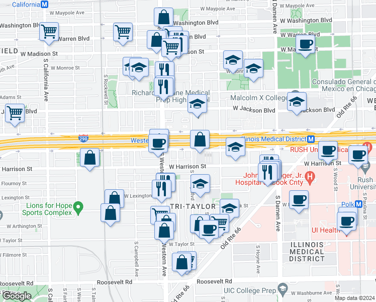 map of restaurants, bars, coffee shops, grocery stores, and more near 476 South Oakley Boulevard in Chicago
