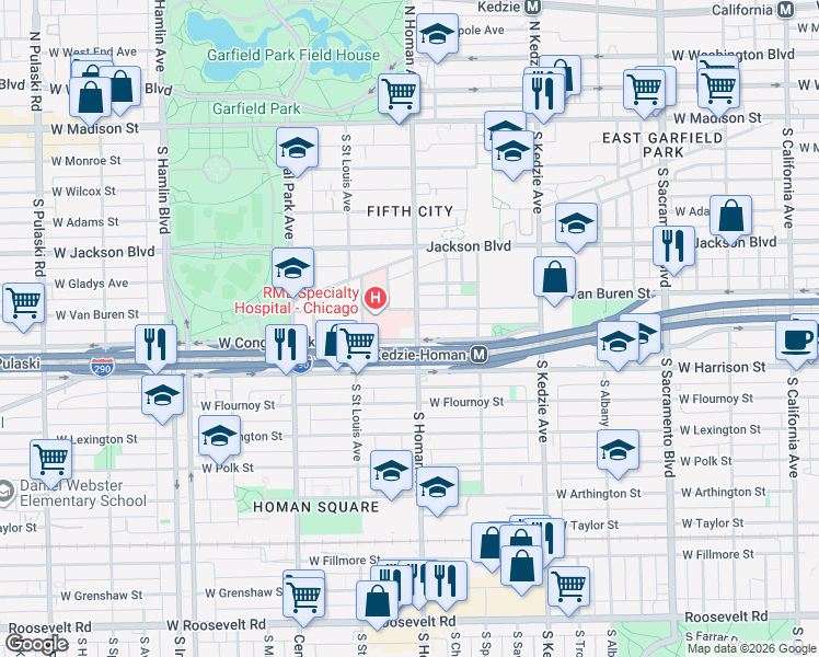 map of restaurants, bars, coffee shops, grocery stores, and more near 3410 West Van Buren Street in Chicago